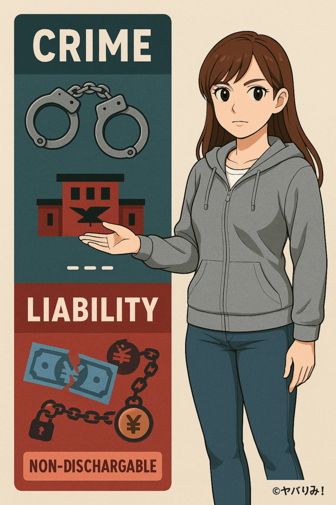 罪状と法定刑:手錠や裁判所のシンボル、刑務所のイメージなどを抽象的に配置し、重い刑罰が待っていることを示唆する。