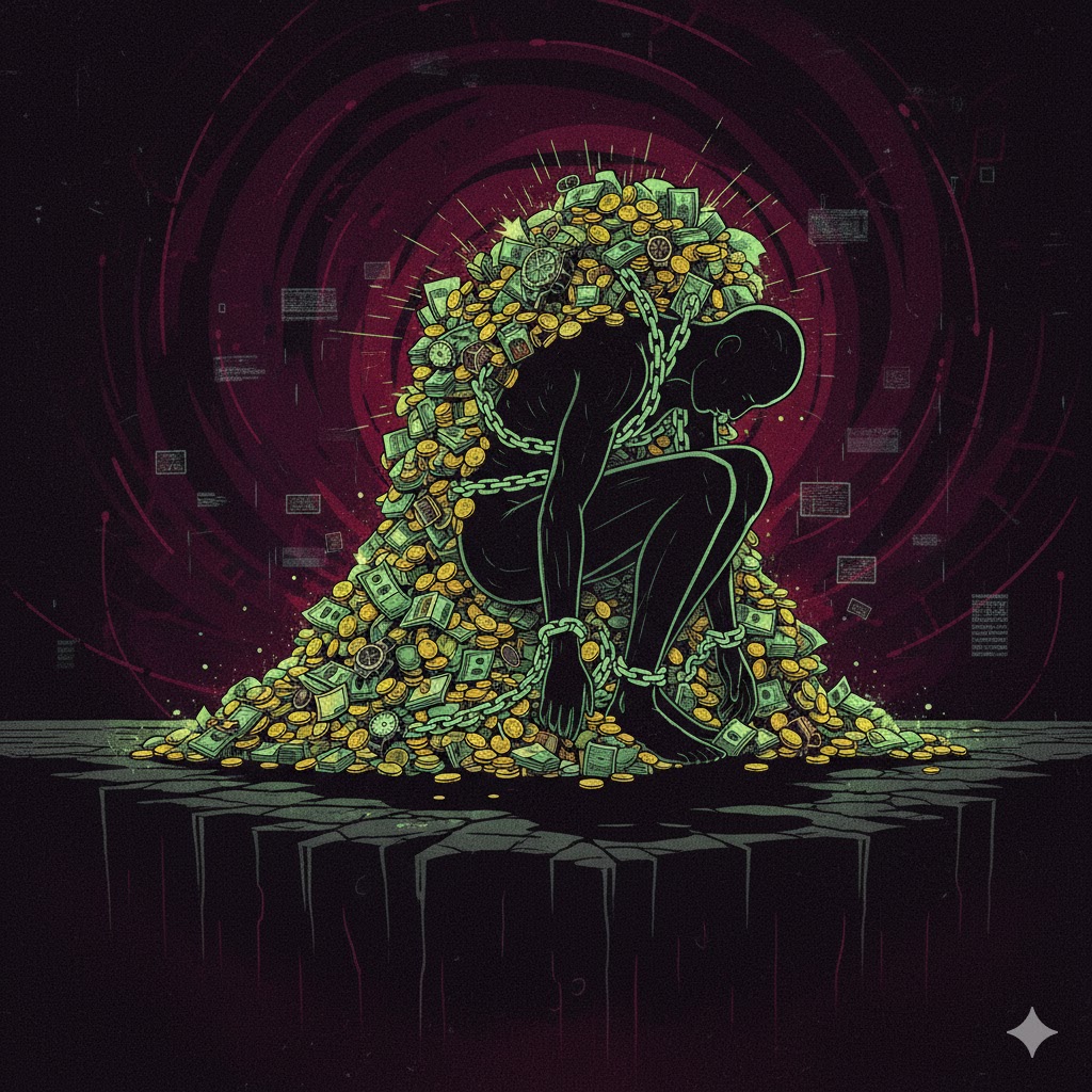 鎖に繋がれた人物のシルエット。報酬の山がその鎖の重さとなっているメタファー