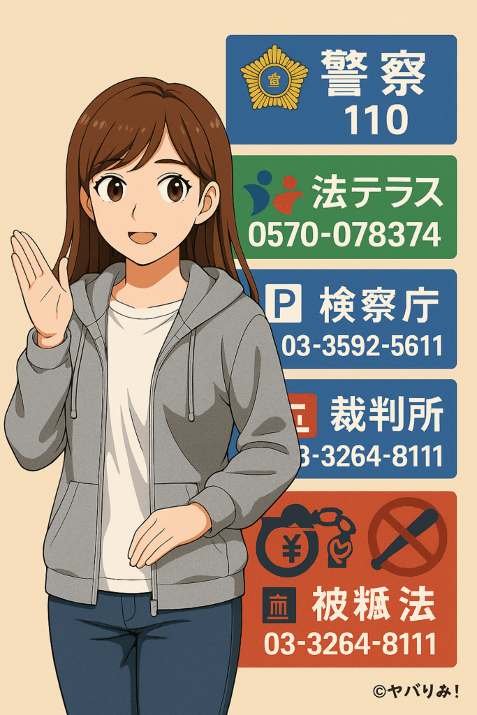 警察や法テラスなどの公的機関のロゴマークやアイコンを並べた、連絡先リストの表。信頼性と安心感を表現 リコが優しい表情で案内をしている