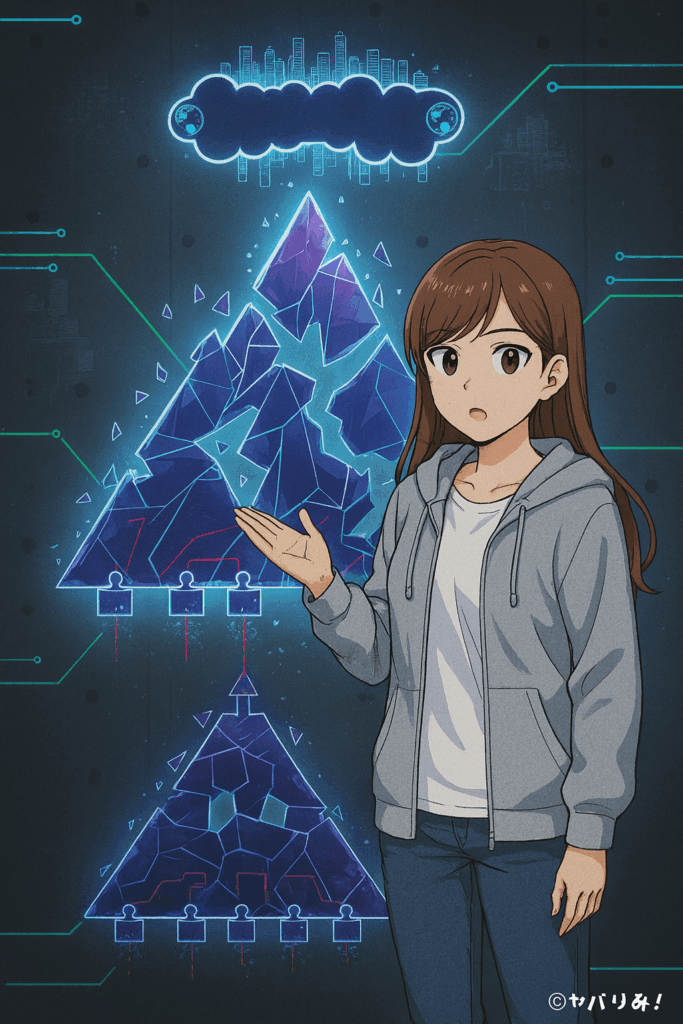 ピラミッド型の支配構造の画像の右側に、パーカーにジーパンのリコを配置し、闇バイト組織図を解明していく様子。説明している姿