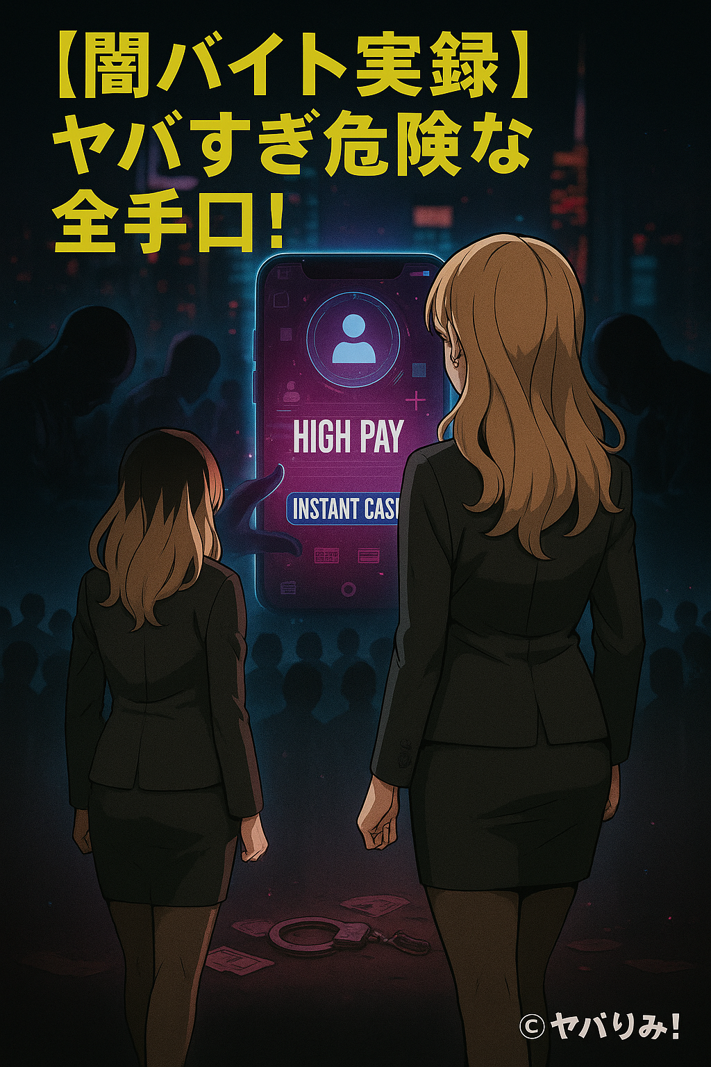スマホに「HIGH PAY」と表示された闇バイトの勧誘画面を背景に、リコが暗闇の入り口で立ち止まっているアニメ風イラスト。