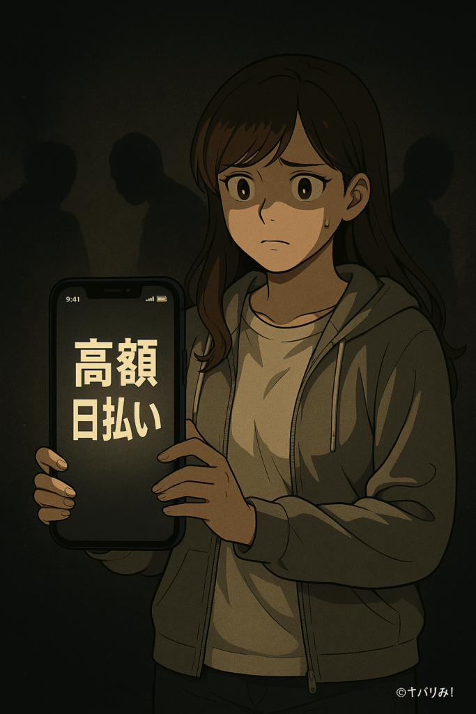 薄暗いスマホ画面に表示された「高額日払い」というメッセージのスクリーンショット。背景に危険な影