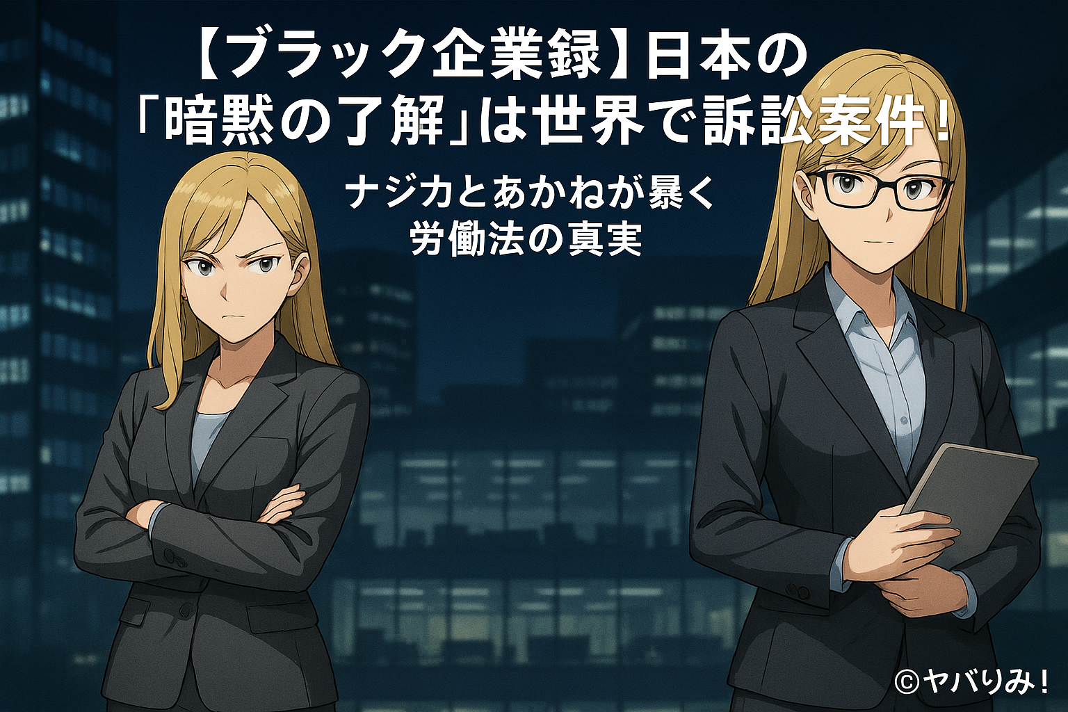 「スーツ姿のナジカとあかねが、夜のオフィス街を背に日本の労働問題を語る構図」