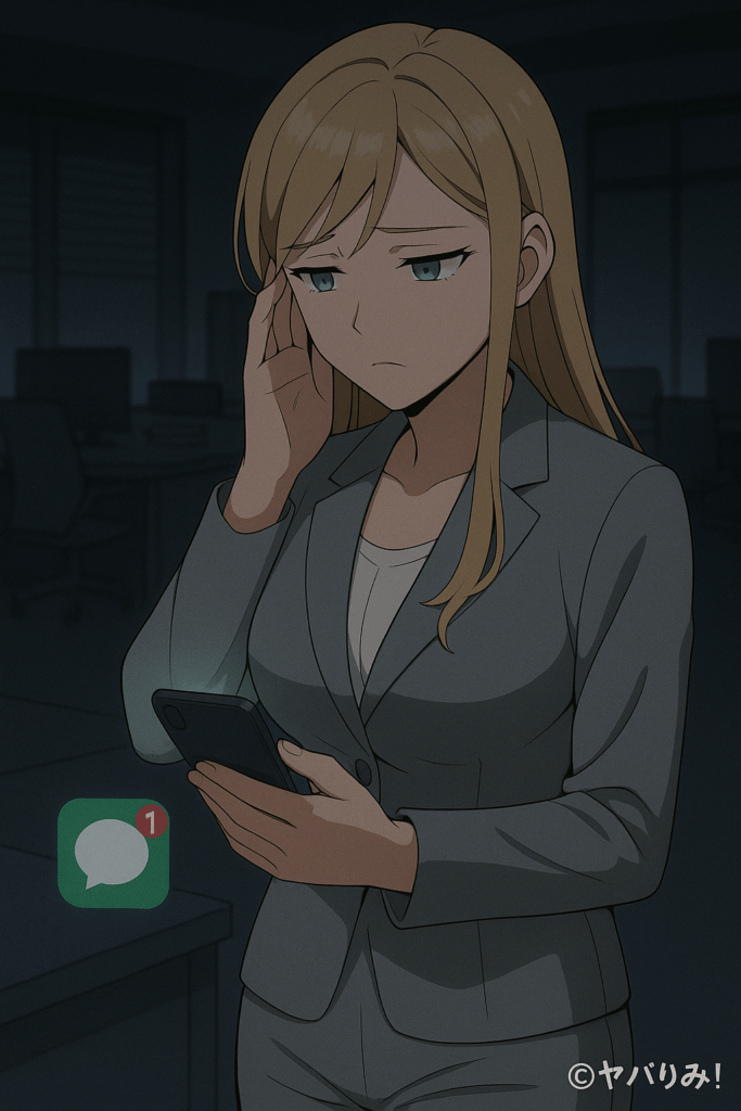 「夜の職場でスマホを見つめるナジカ。終業後のメッセージ対応に疲れている様子」