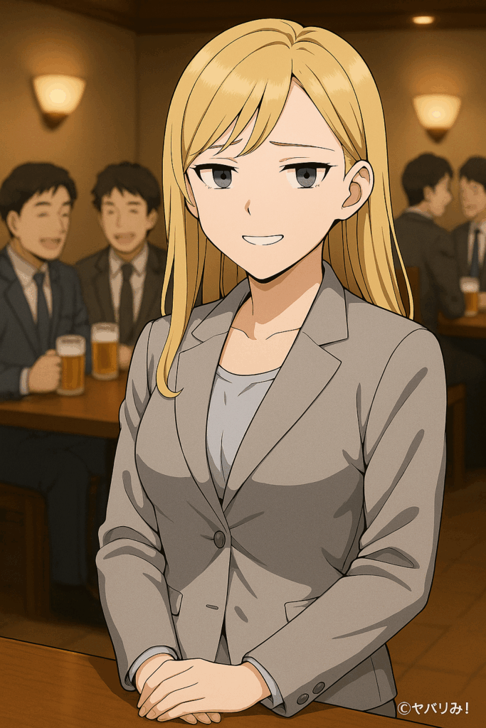 「ナジカが職場の飲み会で笑顔を作るが、内心は疲弊している様子」