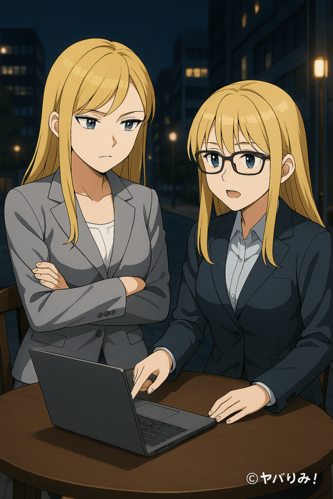 「ナジカとあかねが夜のカフェでパソコンを見ながら戦略を立てている」