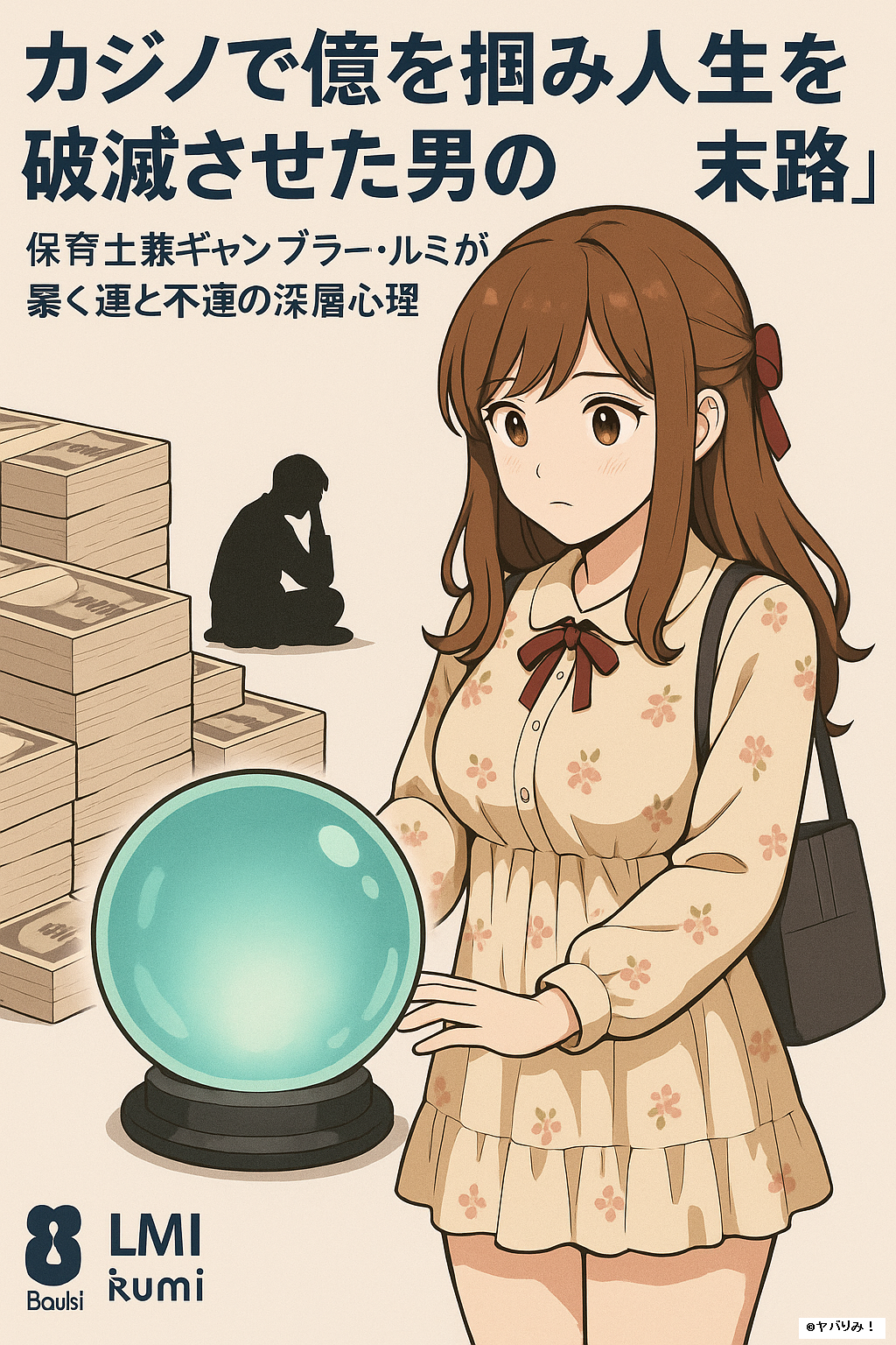 ルミがエメラルド色に輝く水晶玉を見つめる。背景に大量の札束と座り込む男性の影。