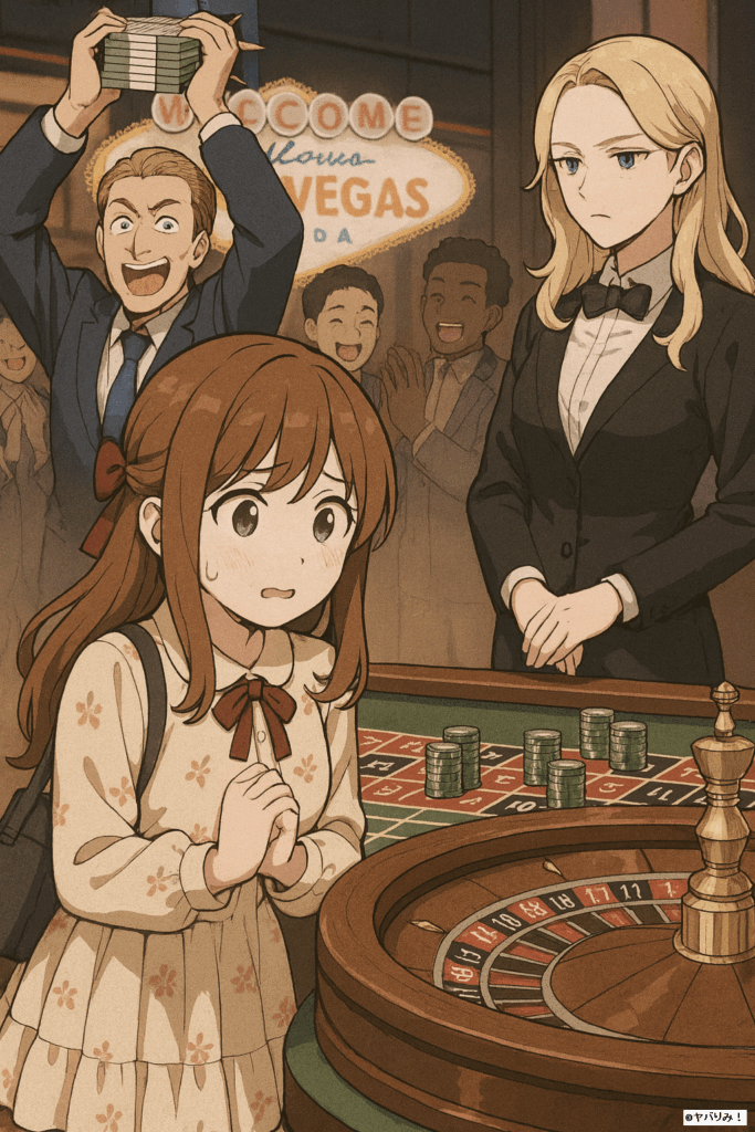 億万長者が、さらに大きな利益を得ようと、巨額の金をカジノで賭ける様子の画像。場所はラスベガス。大きなルーレットを囲み、興奮する客と、冷めた目の金髪女性デイーラー。