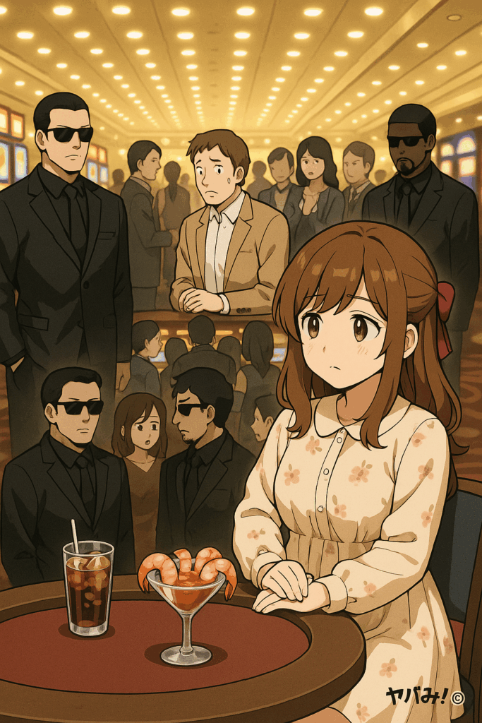 カジノの、人々をはめる構造的な様子を表す画像を。カジノ内部の徹底的な明るさと、黒服のマフィア風の男たちが要所要所にいる様子。ルミは、カウンターに座り、ソフトdrinkと、シュリンプカクテルを前に座っている。