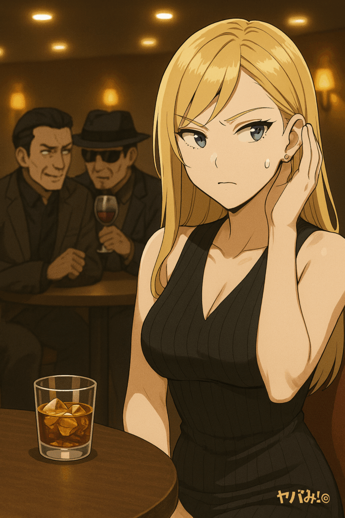 ジカが、 ラウンジで客の話に聞き耳を立てている。