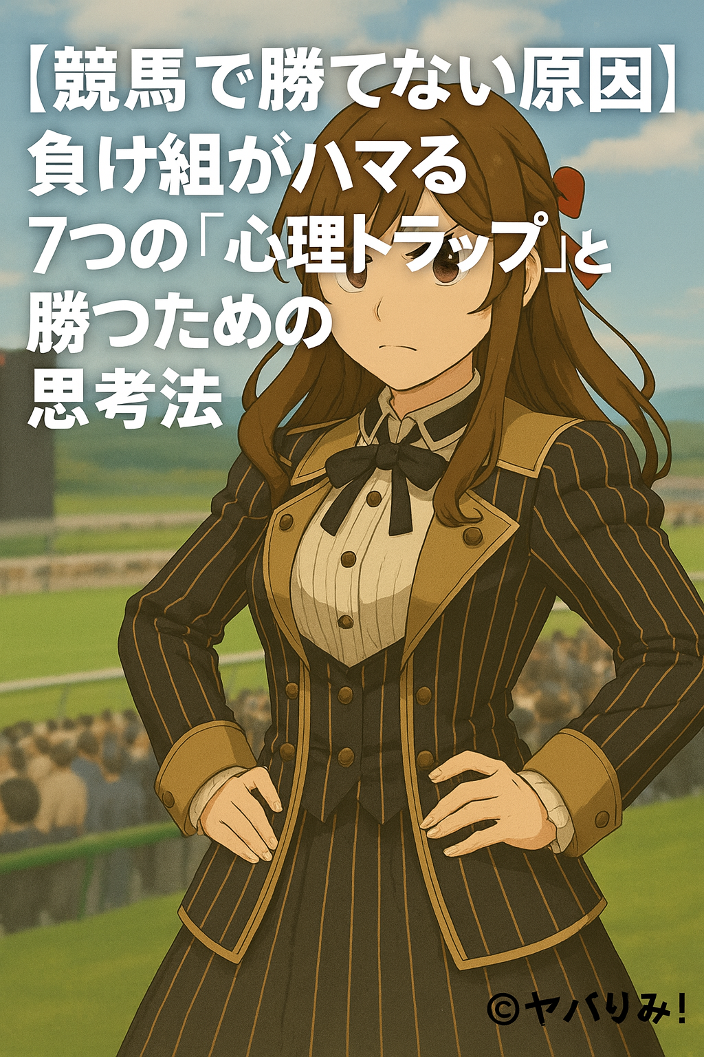 競馬場で腕を組み、真剣な表情を見せるルミ。勝つための思考法を象徴するシーン。