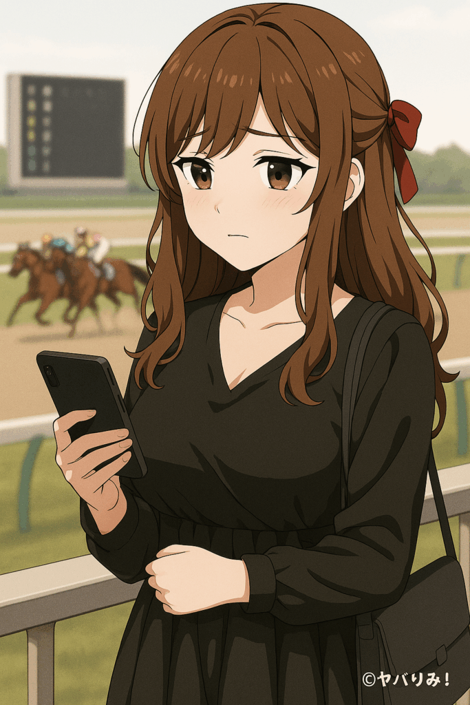 ゴール直後の競馬場でスマホを見つめ、複雑な表情。ドーパミン依存の比喩
