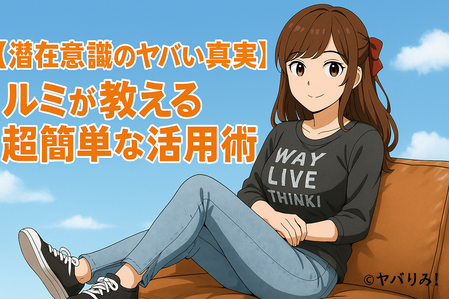 晴天の背景の中、ルミが柔らかく微笑みながらソファに座っている。