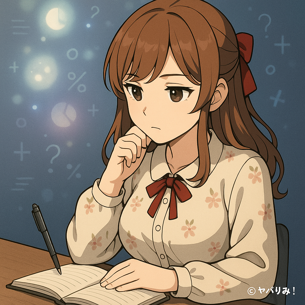 ルミが机にノートを開き、データと自分の“感覚”を照らし合わせて考え込む姿。 背景にはぼんやりした光や記号が漂い、「思考」と「直感」の狭間を表現。