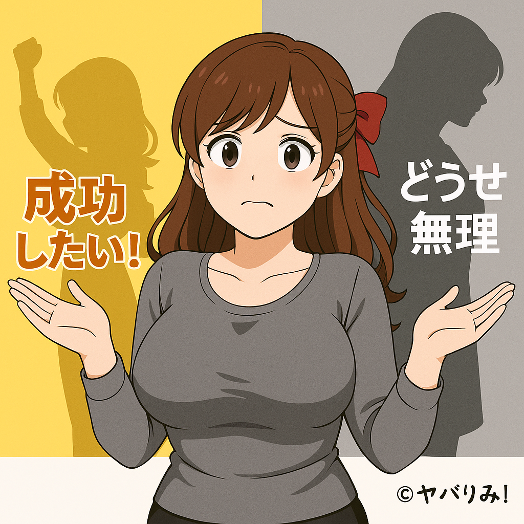 正面からのルミ。両手を挙げてお手上げ状態。背景は、成功したい自分と、どうせ無理、との２つの自分のシルエット。明と暗。　左が成功したい自分。黄色の背景。右はどうせ無理と思う自分