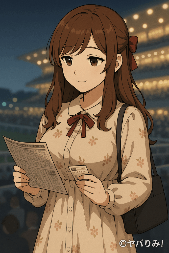 ルミが競馬新聞を手に持ち、静かな確信の表情で馬券を選んでいる。 背景は競馬場の観客席がぼんやり光る幻想的な雰囲気。