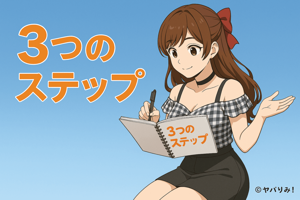 ルミが、３つのステップを、ノートに書き留めている。ふむふむ、という表情で、新しい知識に触れ、うれしい雰囲気。