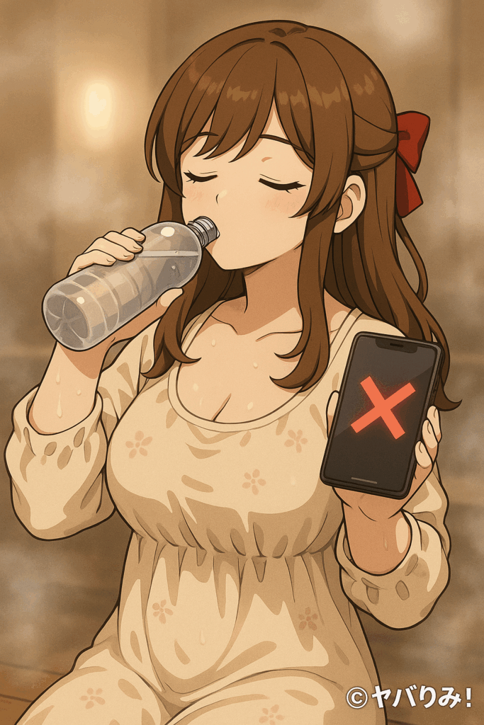 サウナ帰りのルミが水を飲みながら、スマホをオフにして目を閉じている。 背景は湯気とやわらかな光で「デトックス」と「心の静けさ」を表現。