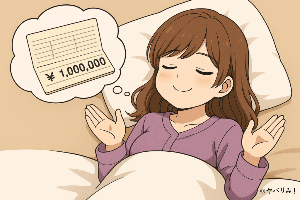 布団に入って目を閉じているルミ。　表情はニヤニヤしている。　パジャマは紫を着用。布団は、首下までしっかりかかっている。　その頭上に、吹き出しを書き、１００万円が記帳された通帳のイメージ画。