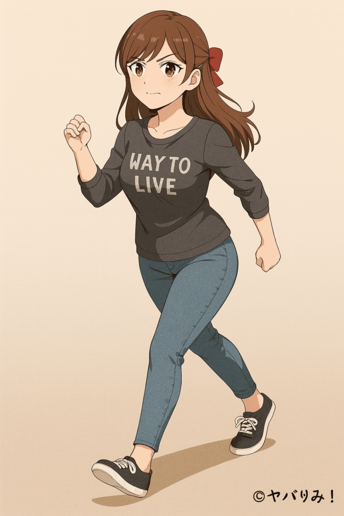 ルミが、思うだけではだめだ。行動しなくちゃ、と強い意識を込めて、一歩を踏み出そうとしている立位で全身像の姿。