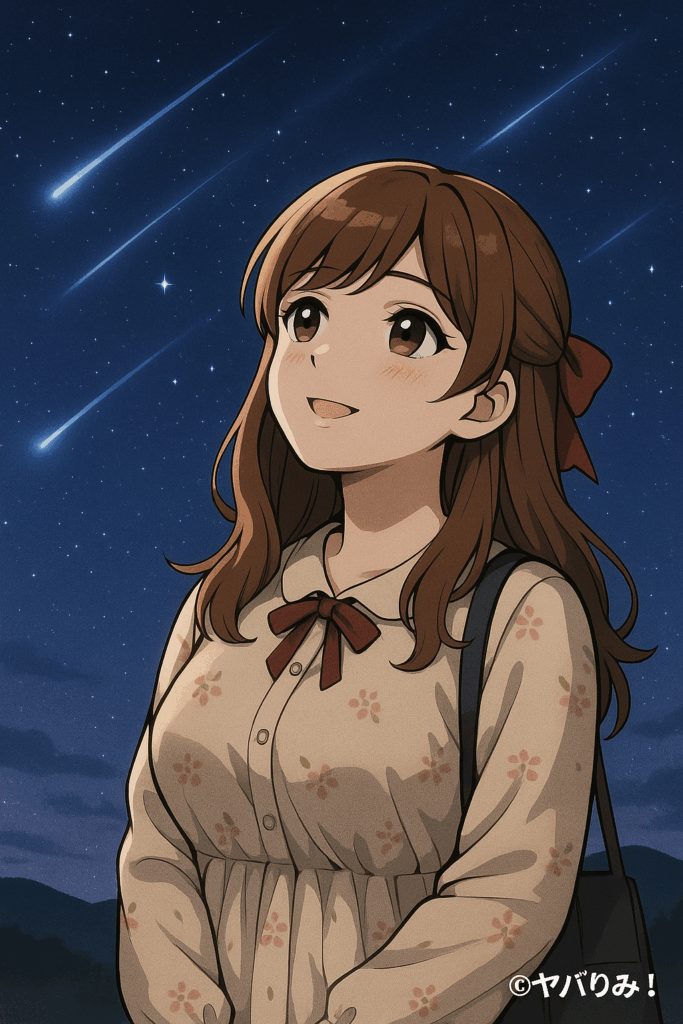 ルミが夜空を見上げながら、「ありがとう」と呟くように微笑む。 背景には流星群のような光が走る演出で、“感謝”と“学び”を象徴。