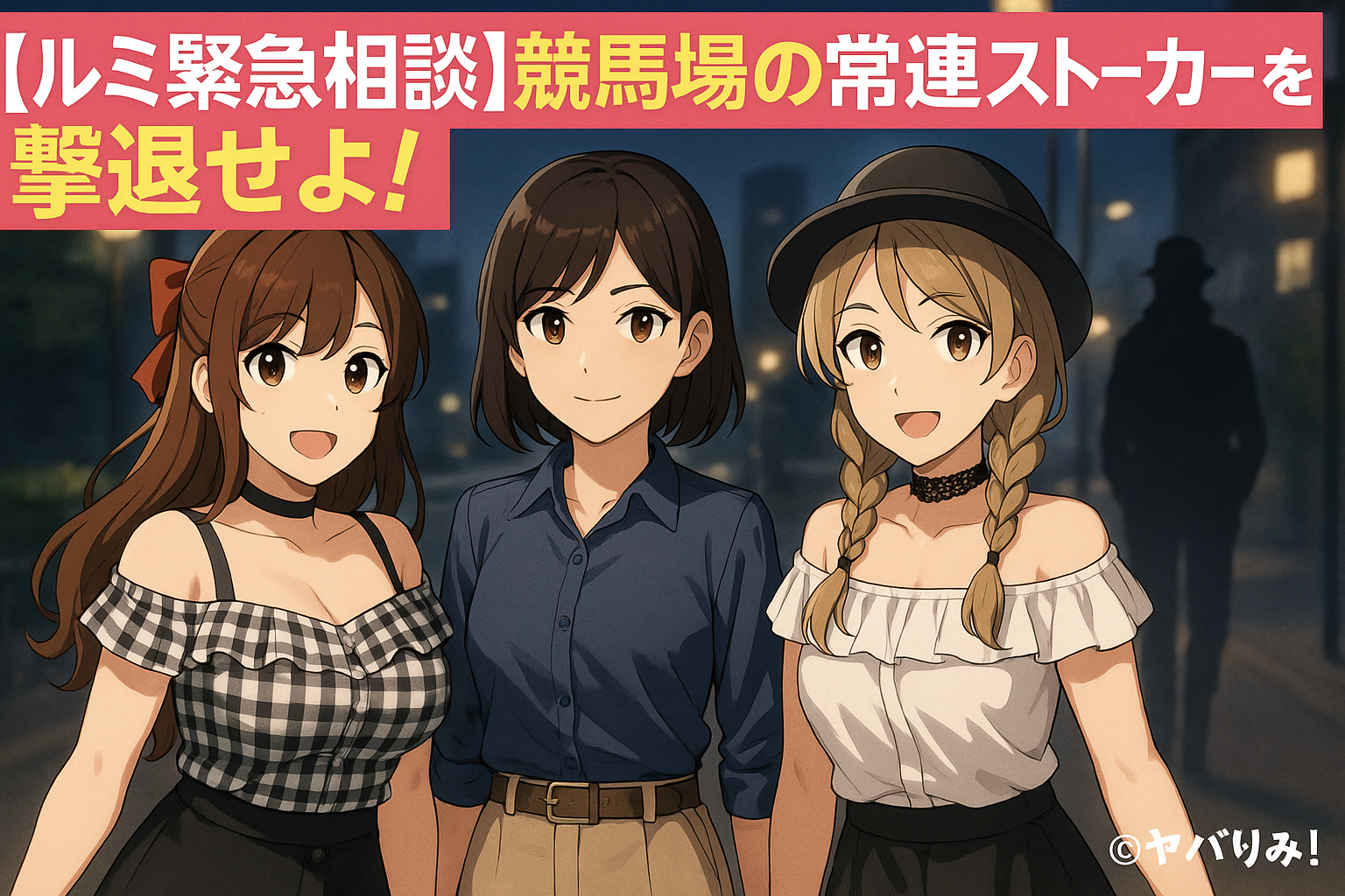 ルミ（チェックの黒ワンピ風コーデ）、リコ（紺シャツとベージュスラックス）、ナジカ（白オフショル＆みつあみ・黒ハット）の3人が並び、右下に©ヤバりみ！、背後にぼんやりした男性影。
