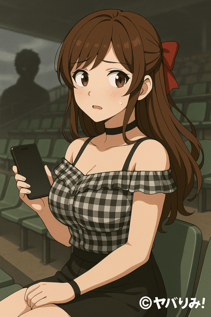 ルミが競馬場のスタンドでスマホを握りしめ、背後から視線を感じて振り向く。 背景に観客席、やや不穏な雰囲気。