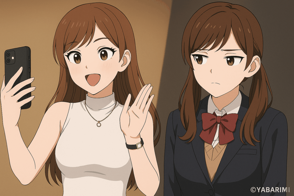 ルミが、SNSに憑りつかれた様に映える投稿を連発し、姉のリコが、感心しないな、、、と視線を送っている。　