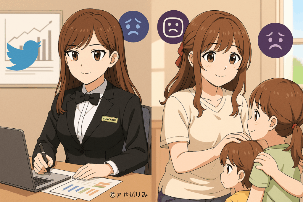 リコ（投資アドバイザー）　ルミ（保育士）が職場で奮闘している様子と、背景に、うごめく心のSOSをSNSマークで表現。