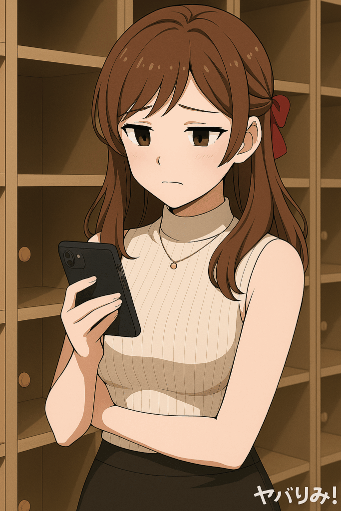 誰にも言えず、SNSにより、傷ついてしまう、ルミの心を表す様に、スマホをみて、保育園のロッカー前で、げんなりしている様子・