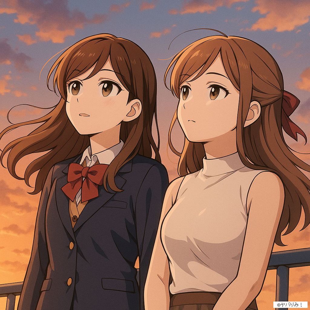 リコとルミが夕焼けの屋上で風に吹かれながら空を見上げている。 → 「自由」「本音の解放」「再生」を象徴。