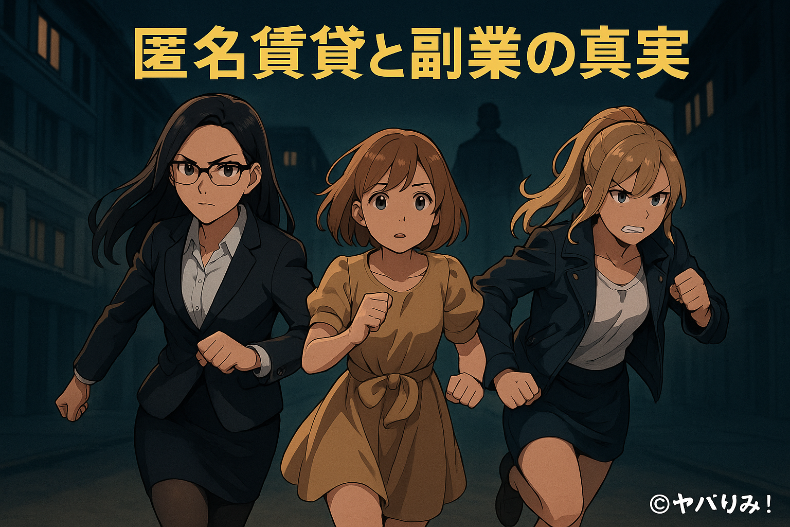 「夜の街を背景に、スーツ姿のリコとピンクジャケットを着たナジカが背中合わせに立つ。中央に『匿名賃貸と副業の真実』、右下に『©ヤバりみ！』と記載されたアニメ風イラスト。」