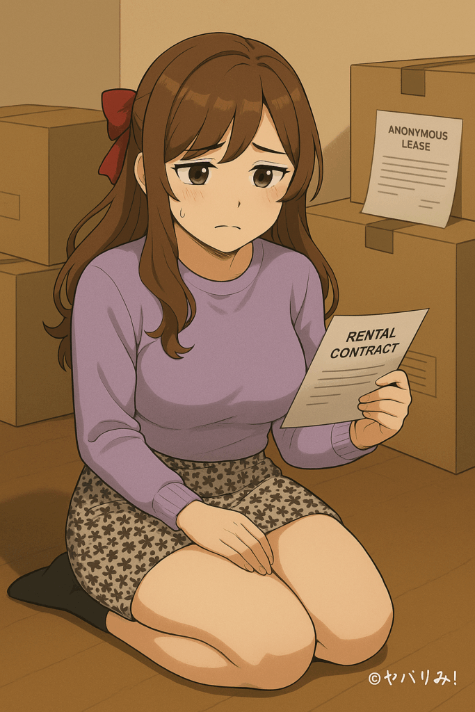 「引越し荷物の前で契約書を見るルミ。高い初期費用と家賃で悩む様子。」