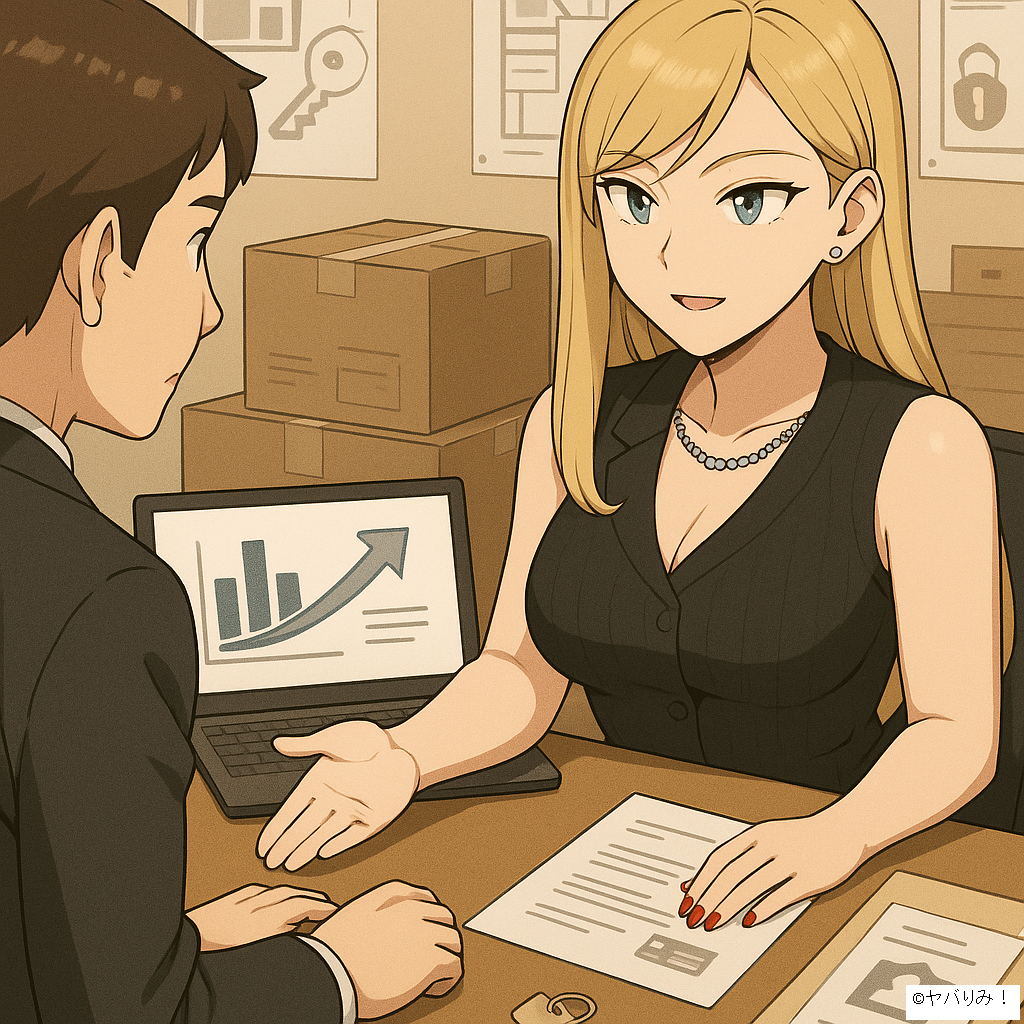 「ナジカが賃貸仲介担当と話し、匿名賃貸の条件や保証会社の仕組みを確認している」