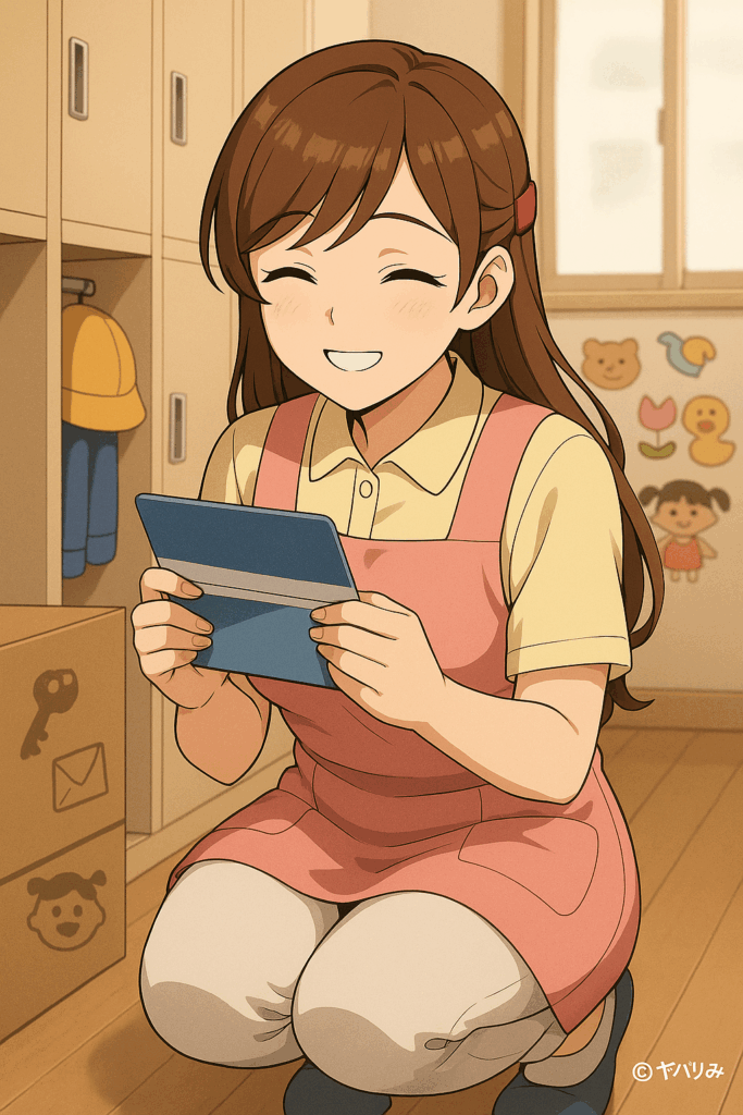 保育士姿のルミが、保育園の誰もいない更衣室でしゃがみ込み、自分の銀行通帳をみて、投資の額が増えているのを、にんまり笑顔の様子。