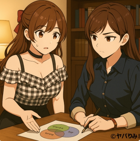 リコがデスクに心理チャートを広げ、真剣な表情でルミに説明している。 背景に温かい照明と本棚。