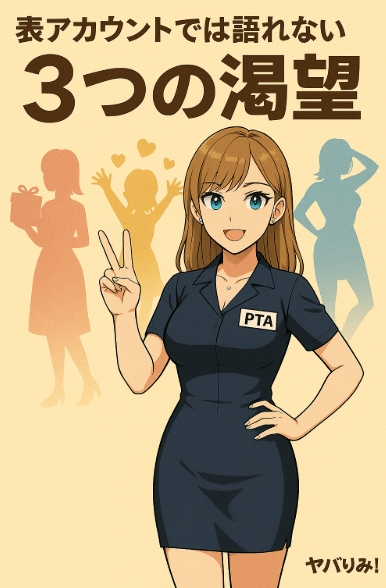 正面からの全身像のナジカ。左手を腰に当て、右手を前に出し、人差し指、なかゆび、薬指の3本指を立てている。それで３つの渇望を示唆。　背景は、シルエットで、３つの渇望を表現