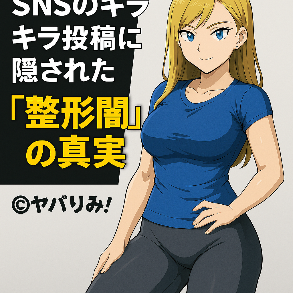 青いフィットシャツとグレーのレギンス姿のナジカが スマートフォンを見つめて微笑む。背景の鏡には、 “整形の影”を暗示するシルエットが映り込む。 画面上部に「【美容整形】SNSのキラキラ投稿に隠された『整形闇』の真実」 右下に「©ヤバりみ！」の表記。
