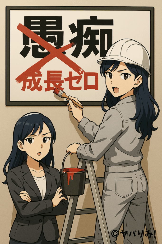 大きな看板の真ん中に愚痴、と大きな文字。そこに✖を上書きし、成長ゼロ、と振り向き、訴える、はしごでそこまで登った、塗装作業員姿のリコ。