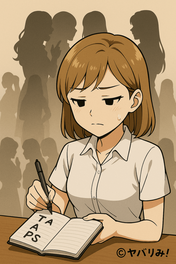 愚痴の誘惑を断ち切り、TAPSを実行する女性。