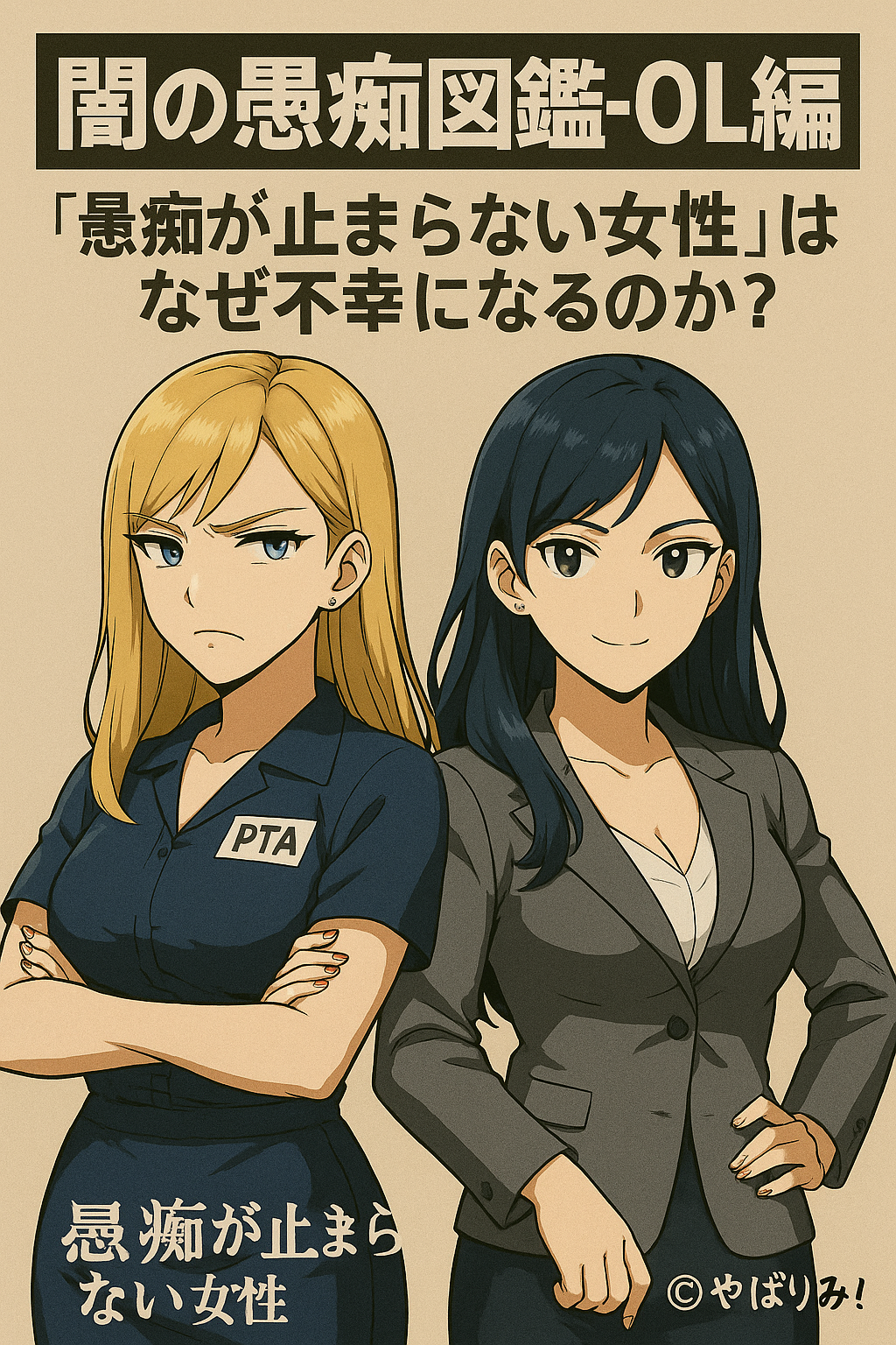 アニメ調イラストのナジカ（金髪・青い目・PTA制服）と、リコ（黒髪・スーツ姿）が並んで立つ。 オフィスを背景に、心理的依存をテーマにした「闇の愚痴図鑑-OL編」のアイキャッチ画像。右下に©ヤバりみ！表記。