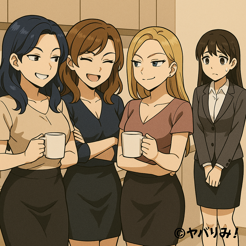 愚痴を言い常に給湯室を占拠している「承認欲求の高い被害者意識の高い、自称イケてるOL,3人グループ」と、その輪に入れてもらえず、ハブかれ、おどおどする新人OLの図