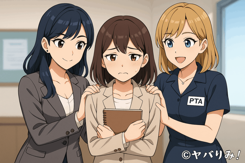 リコとナジカが、新人OLの肩を後ろから包む様にたたき、励ます。愚痴に負けないで、という感じで応援している雰囲気。