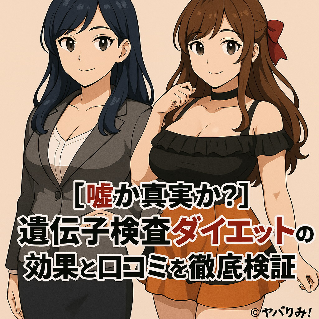 遺伝子検査レポートを手にしたリコと、隣で解説するルミが並ぶアイキャッチ画像。「【嘘か真実か？】遺伝子検査ダイエットの効果と口コミを徹底検証」という記事タイトル入り