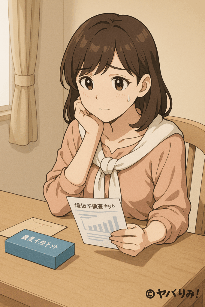 自宅のテーブルに「遺伝子検査キット」と封筒、簡易のレポート用紙が置かれている。 リコが少し不安そうだが希望も感じている表情で、レポートを覗き込んでいる。 背景はシンプルな室内、色味はベージュ系でやわらかく。