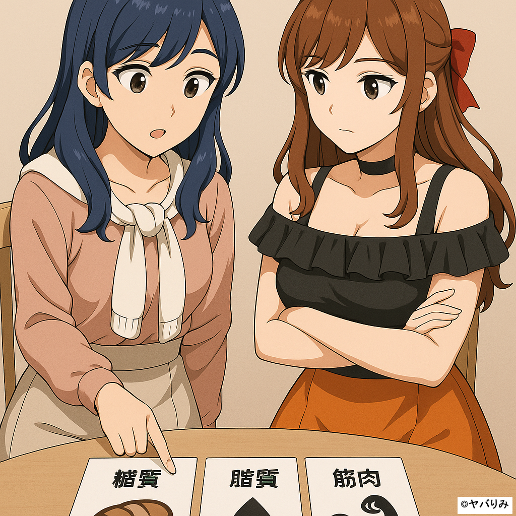 リコが「自分はどのタイプかな?」という顔でパネルを指さしている。 ルミは隣で腕を組み、冷静にパネルを見ながら「ここがポイント」と解説しているような表情。