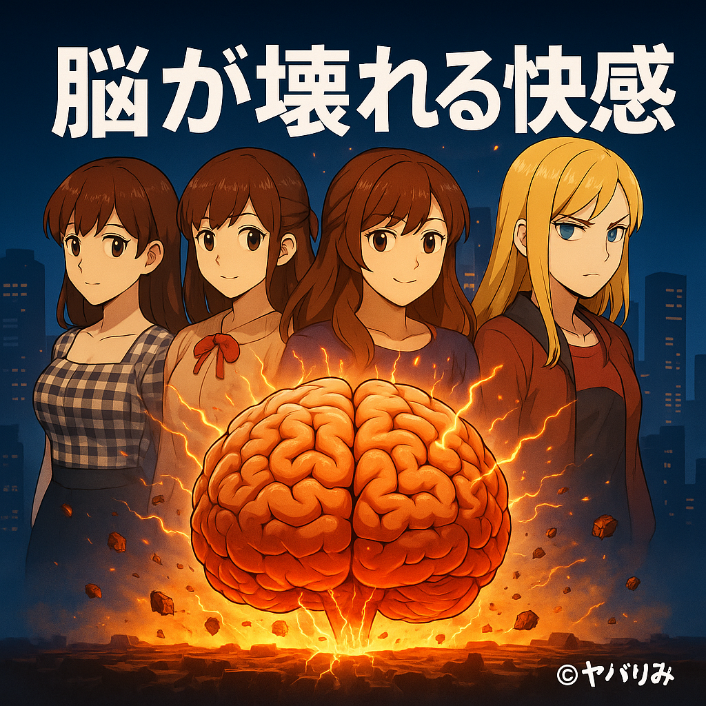 中央で赤く光る脳と、背後に立つ4人の女性キャラクター。上部に「脳が壊れる快感」の文字、右下に「©ヤバりみ！」の表記。