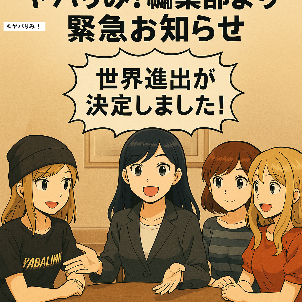 アニメ風イラストで描かれたヤバりみ！編集部の4人、リコ・ルミ・ナジカ・あかねが編集室で談笑する姿。中央に「ヤバりみ！編集部 緊急お知らせ」の文字。©ヤバりみ！入り。