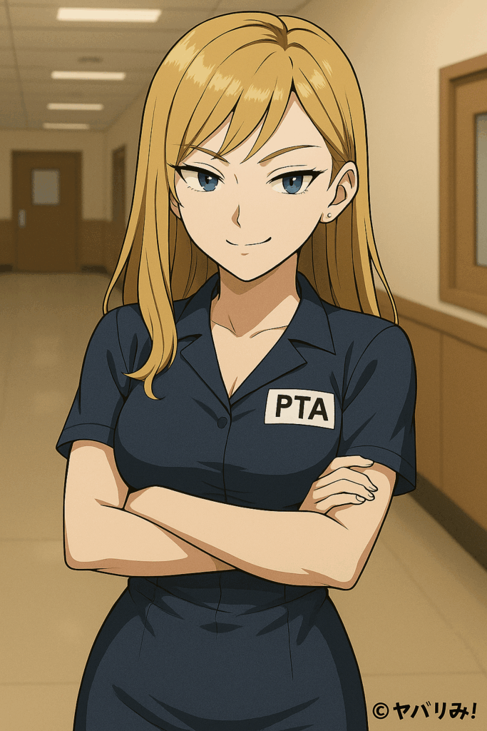 腕を組み、ややシニカルな笑みで分析している様子。背景は職場の廊下。