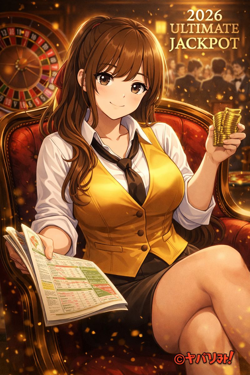 地下カジノで金色のベストを着たルミが、チップと新聞を手に微笑むイラスト。2026 ULTIMATE JACKPOTの文字が輝く勝負師のビジュアル。